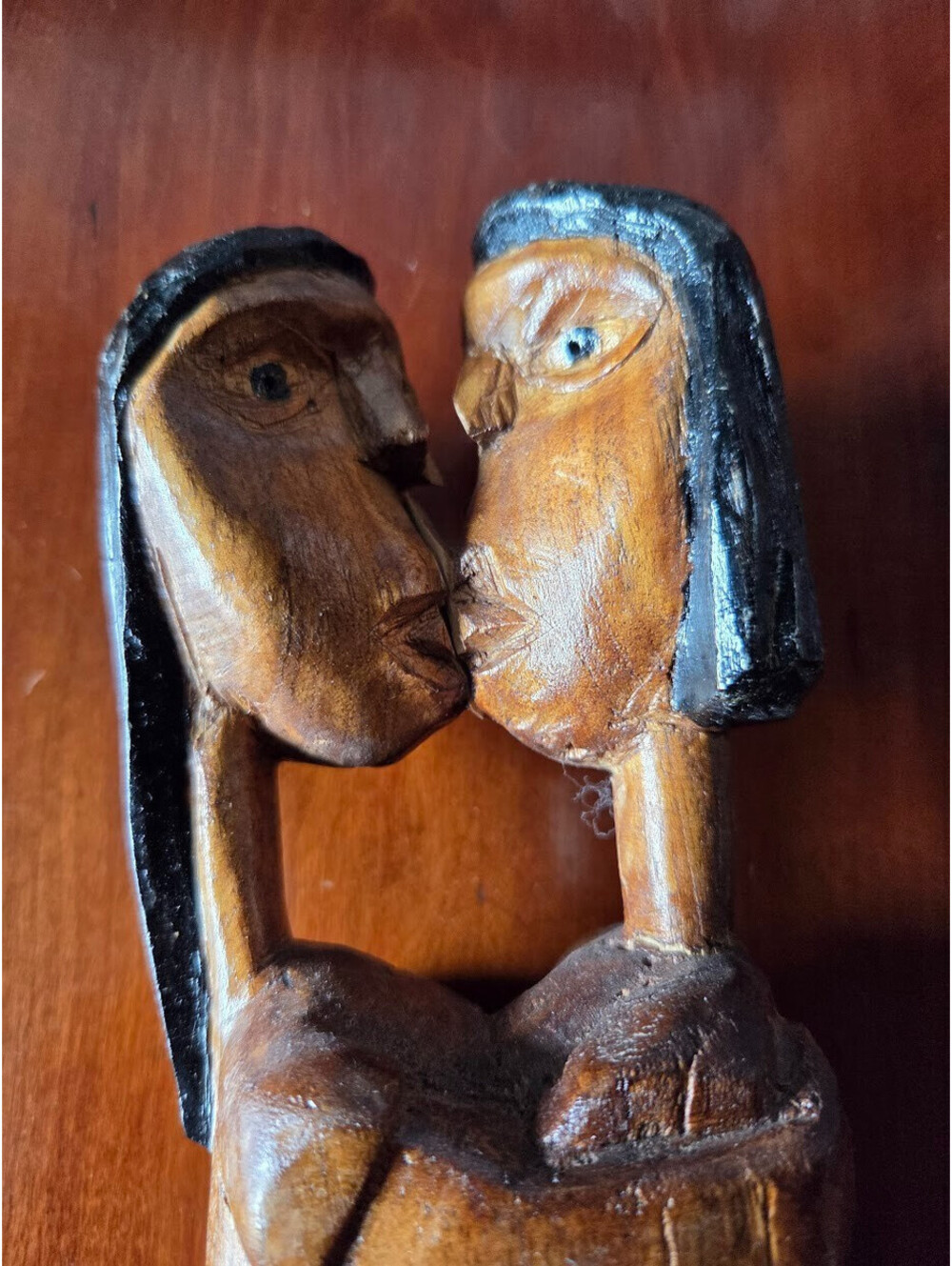 Vintage Hand Carved Wooden Sculpture Couple Embrace Kissing Figurine Art